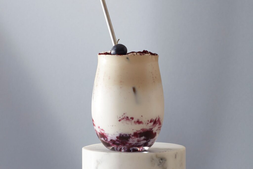 Iced Blueberry Hojicha Latte made with organic Japanese hojicha powder