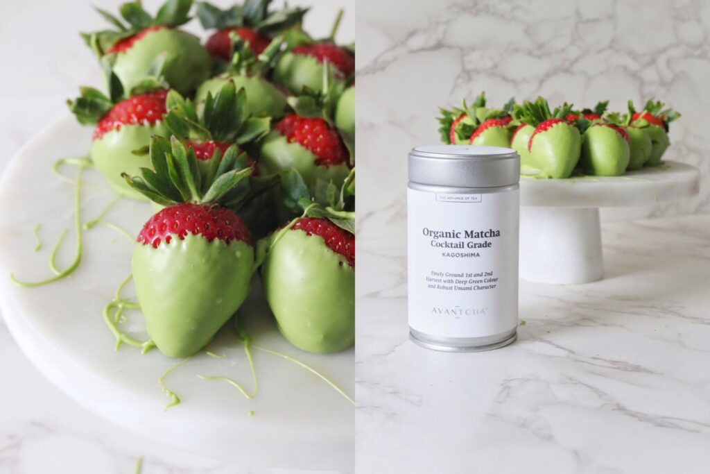 Matcha Dipped Strawberries using AVANTCHA Organic Matcha Cocktail Grade Kagoshima
