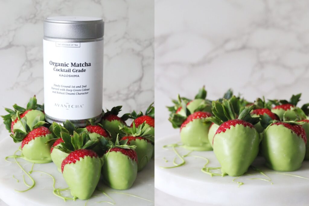 Matcha Dipped Strawberries using AVANTCHA Organic Matcha Cocktail Grade Kagoshima