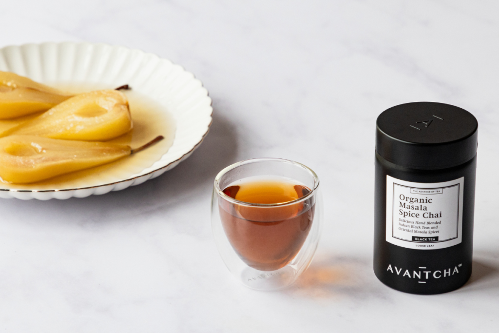Poached pears paired with AVANTCHA Organic Masala Spice Chai
