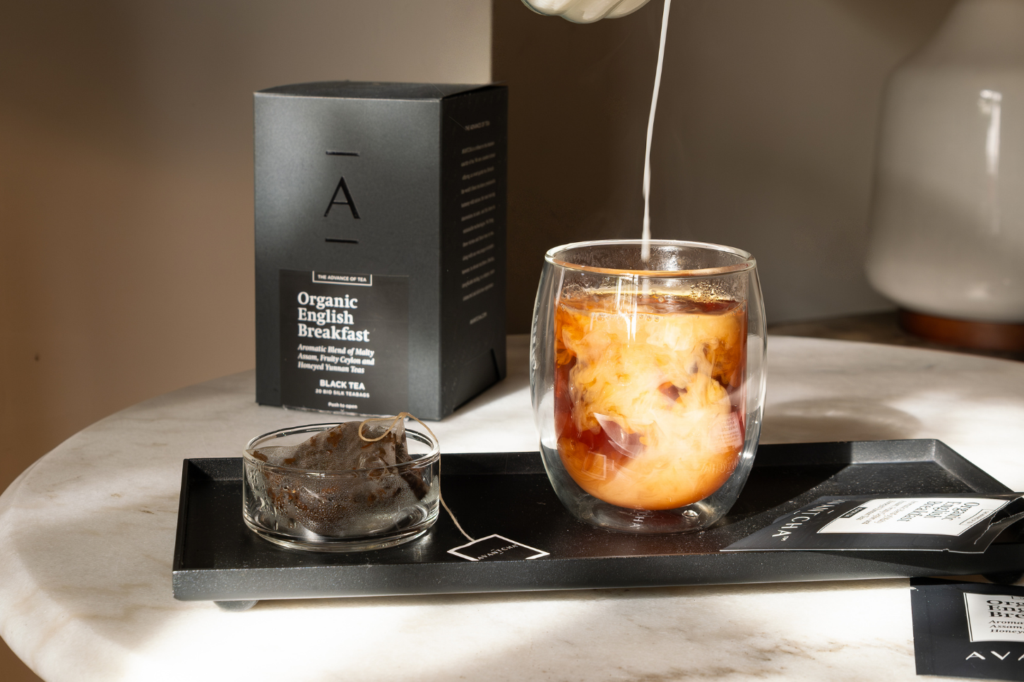 Organic English Breakfast Tea silk teabags, served with milk 